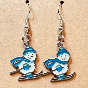 Stainless Steel Earring Hooks Dangle Snowman Blue Winter Gear Skiing Handmade